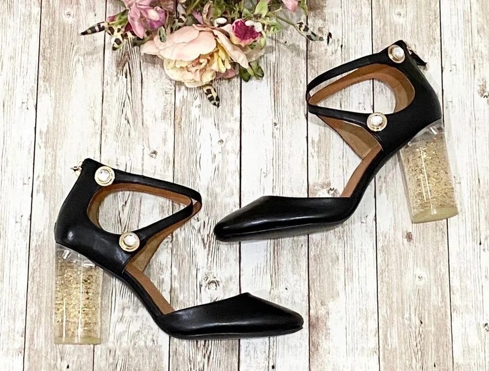 WHAT FOR Black Strappy Glass Heels Sandals 35 Size 4 - Image 5