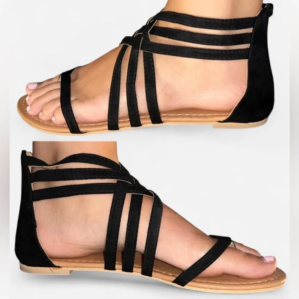 Black Gladiator Sandals – Women’s Size 10 – Strappy Flat Zip - Image 2