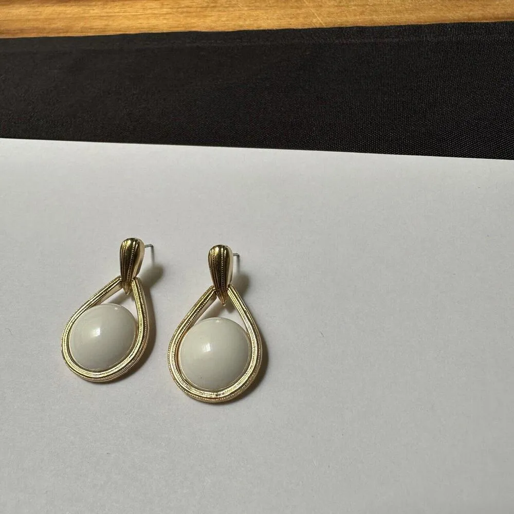 Signed Trifari Gold Tone & White Dangle Drop Pierced Earrings - Image 2