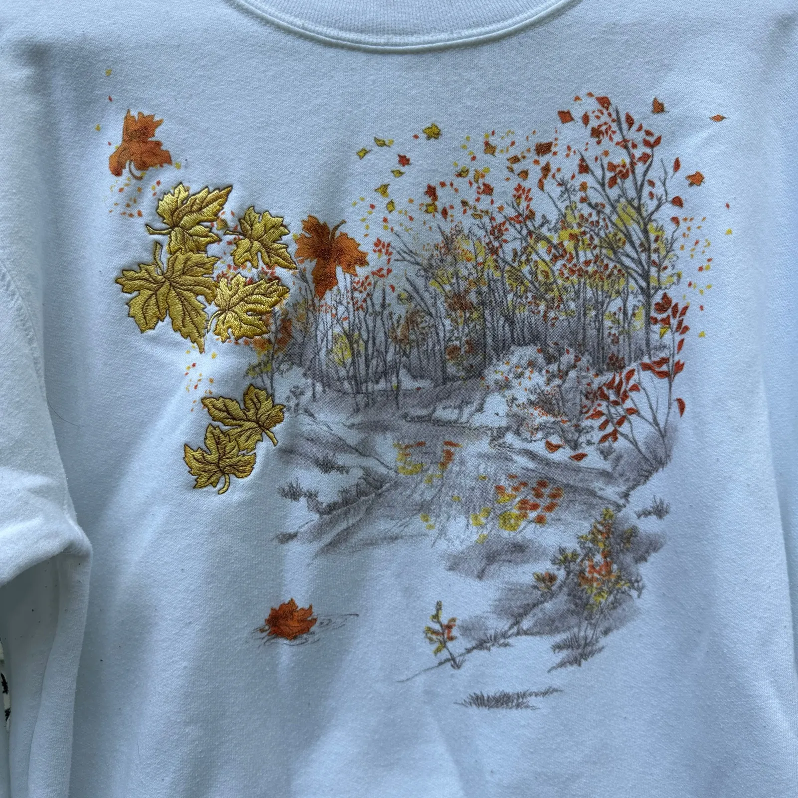 Vintage 90s Top Stitch by Morning Sun Fall Woods Riverside Cabincore Sweatshirt White Size L - Image 2