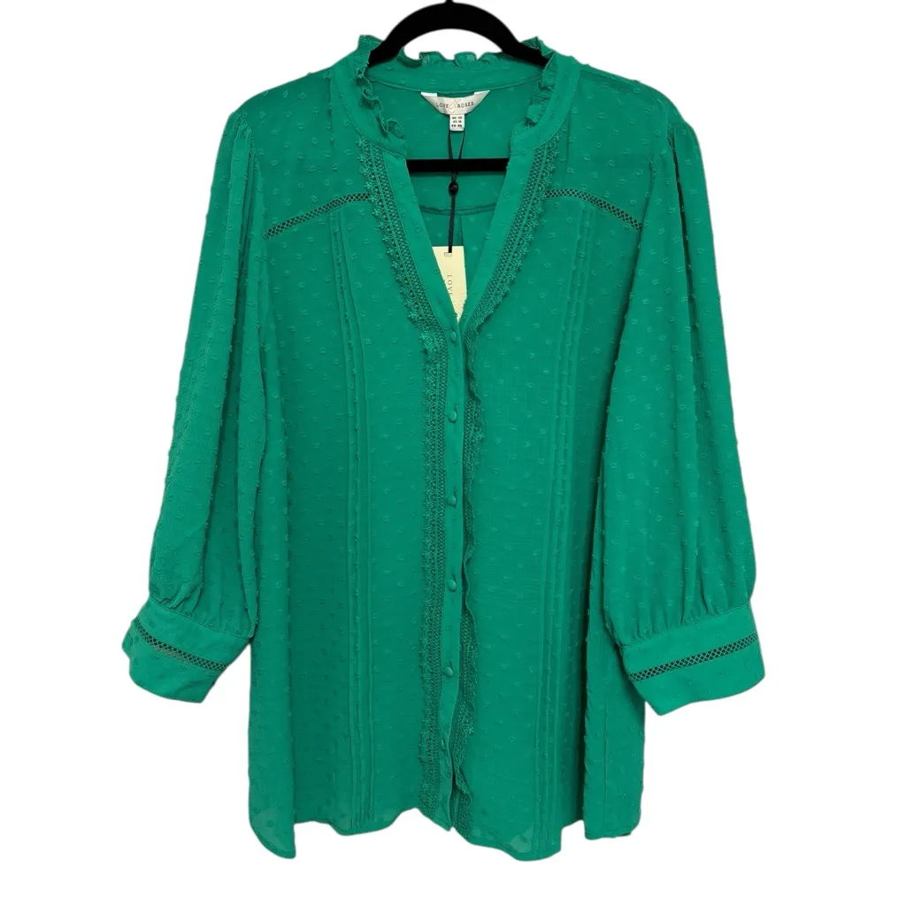 NWT Love & Roses Green Dobby Lace Trim Swiss Dot 3/4 Sleeve Blouse - Image 2