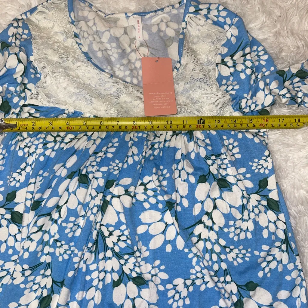 Bishuige blue lace floral long sleeve blouse feminine shirt top NWT medium White - Image 7