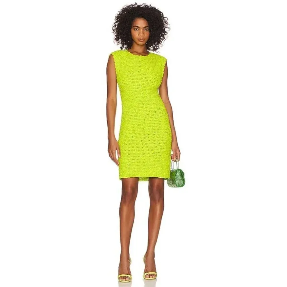 Ganni Velvet Crochet Open Back Mini Dress in Lime Punch Small New Womens Velour - Image 13
