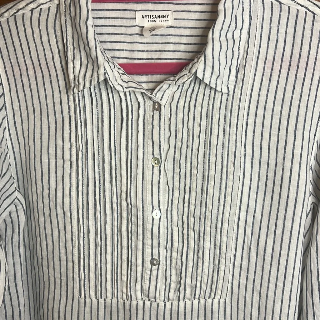 Artisan NY Linen Button Collar Tunic Dress Boho Feminine Beach Stripe Minimal M - Image 2