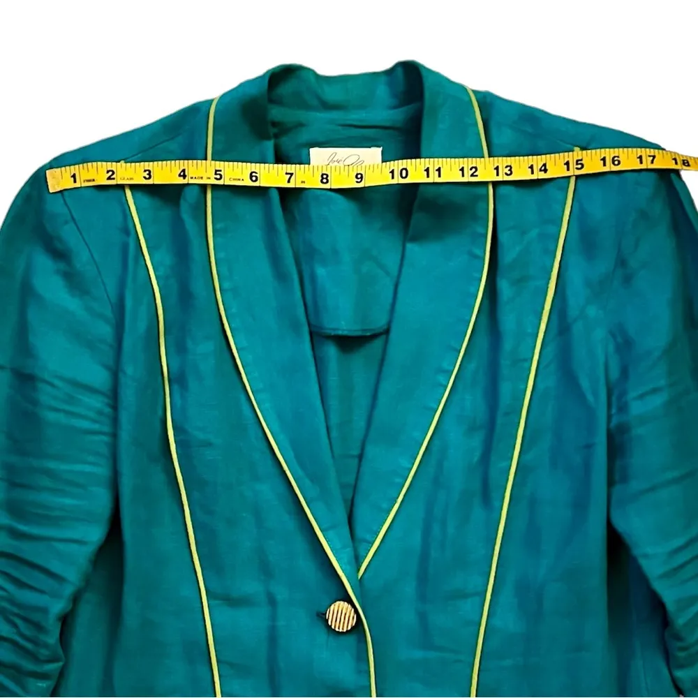 Vintage Teal Linen Blazer w/ Neon Green Piping Size M - Image 8