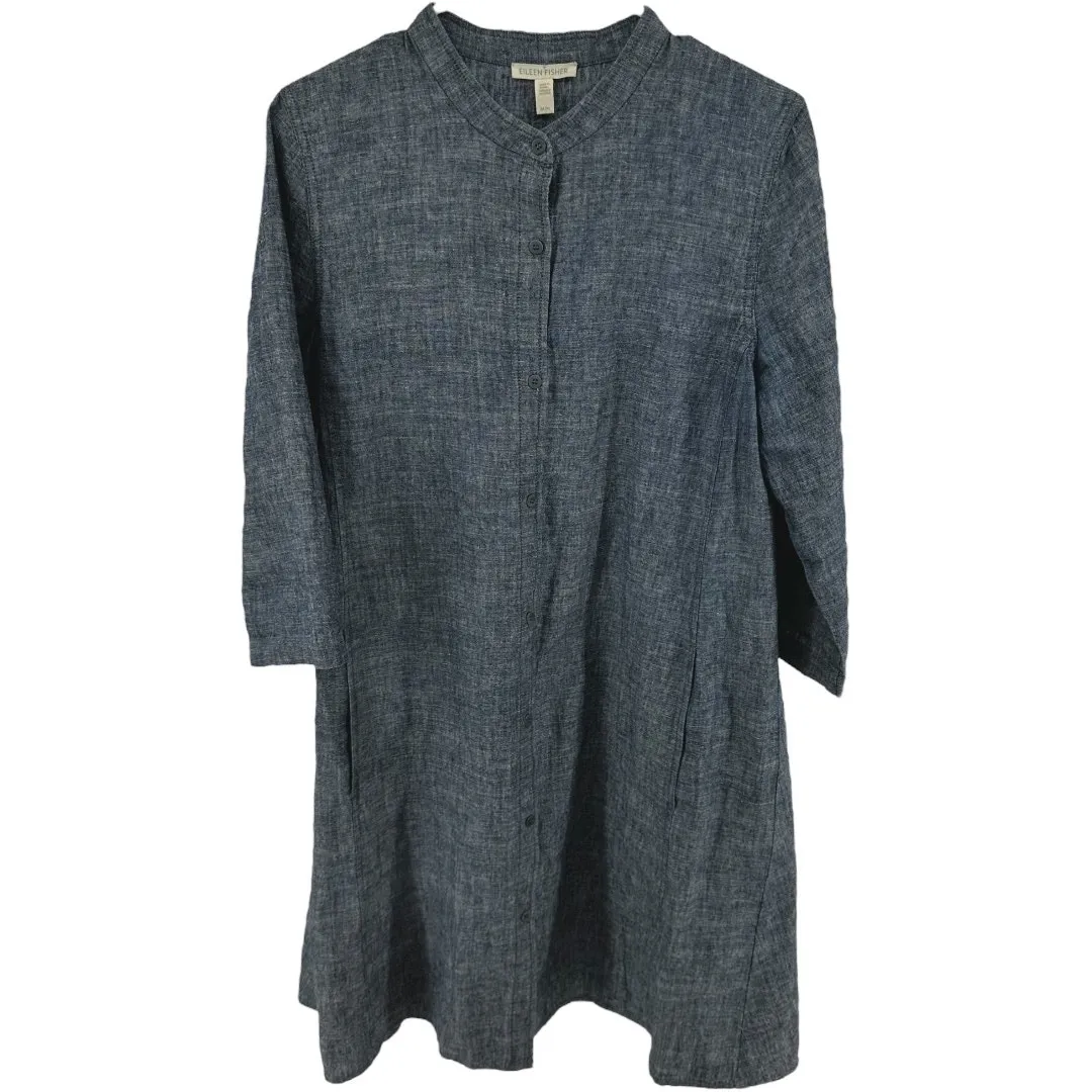 Eileen Fisher Hemp Shirt Dress Chambray Button Mandarin Collar Pocket Blue M - Image 2