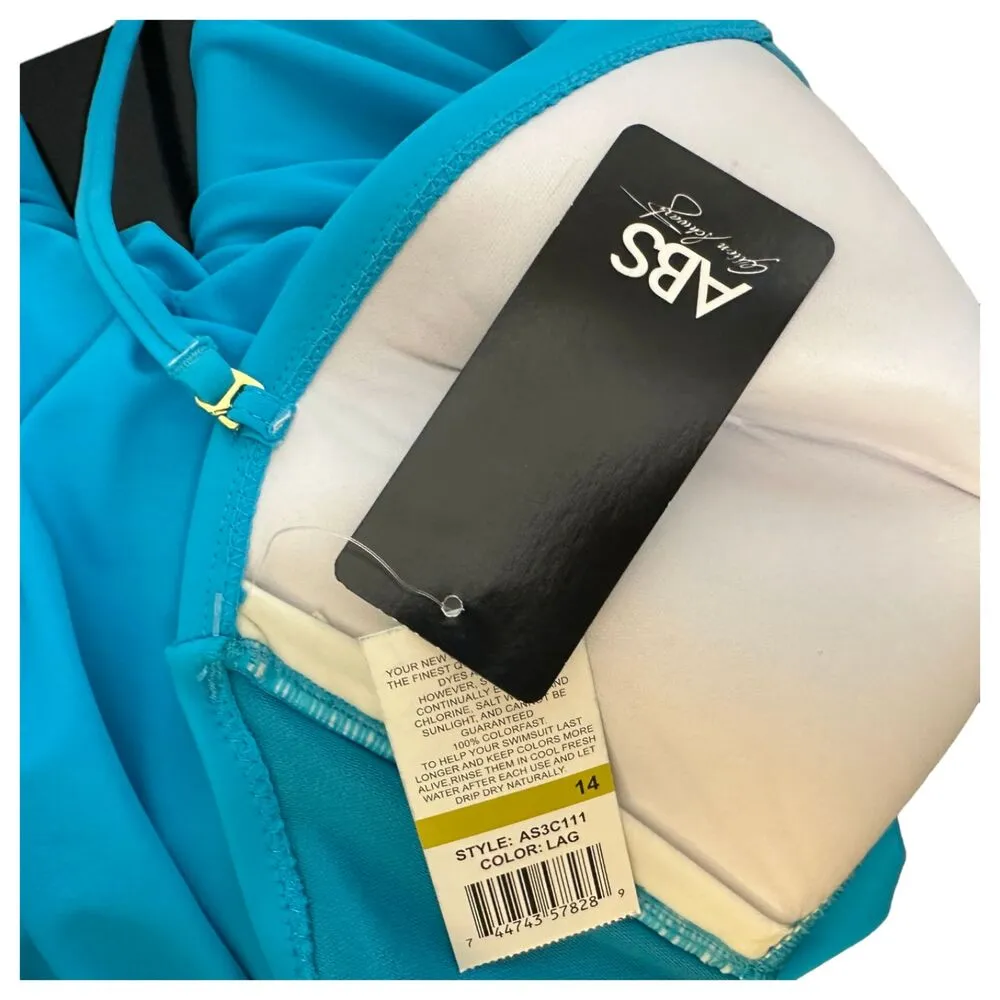 ABS Allen Schwartz Lagoon Blue Skirted One Piece Swimsuit Size 14 NEW - Image 3