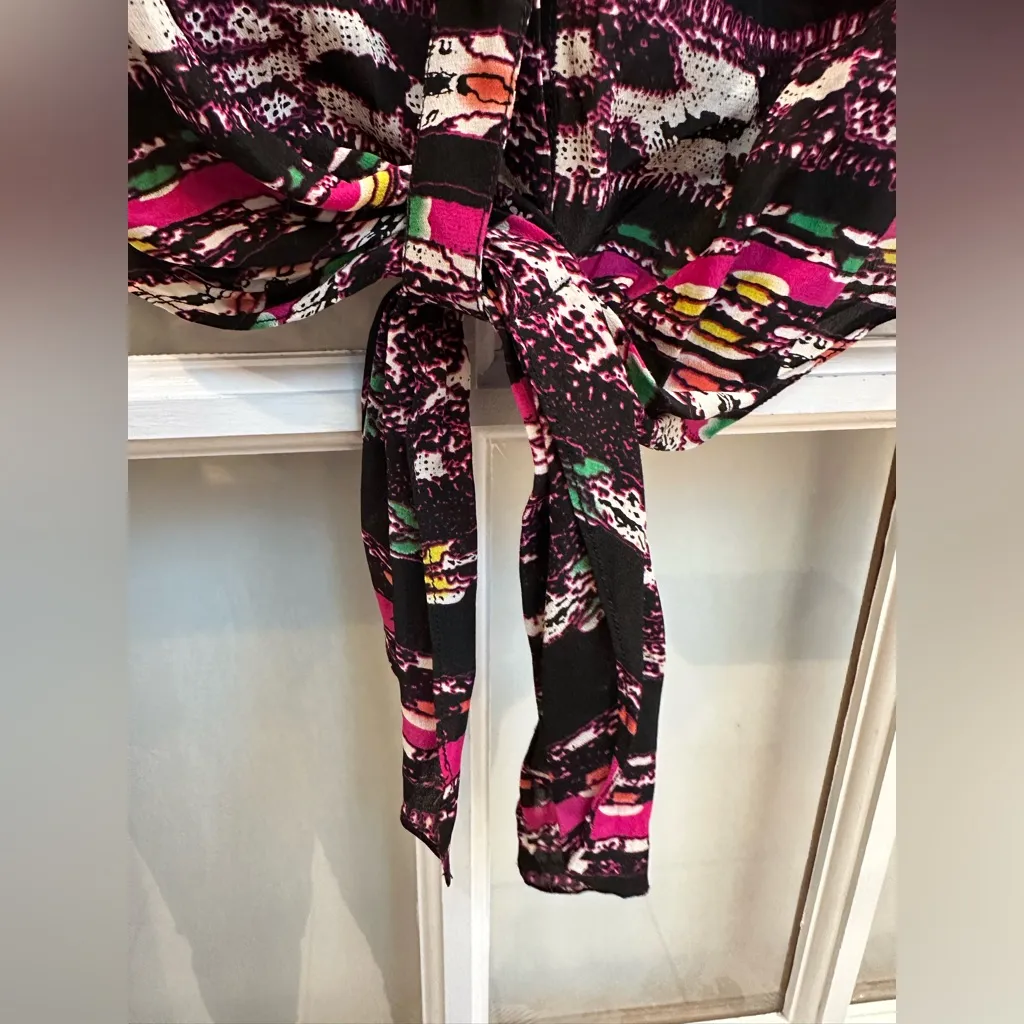 Rory Beca Pink & Black 100% Silk Boho Southwestern Aztec Tie Blouse Top Size M - Image 4
