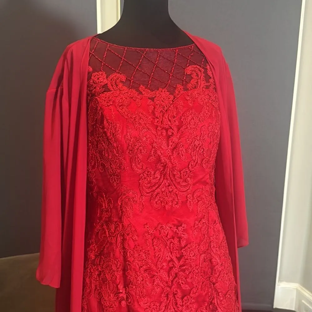 Women’s Red Tea Length Lace Appliqué Dress & Matching Chiffon Jacket Size 16 - Image 2