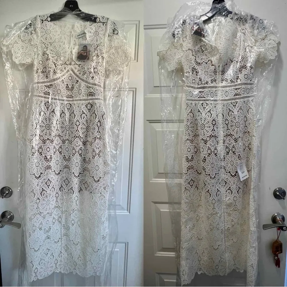 Self-Portrait Ivory Floral Guipure V-Neck Midi Dress, Size US 4 (UK 8), NWT - Image 12