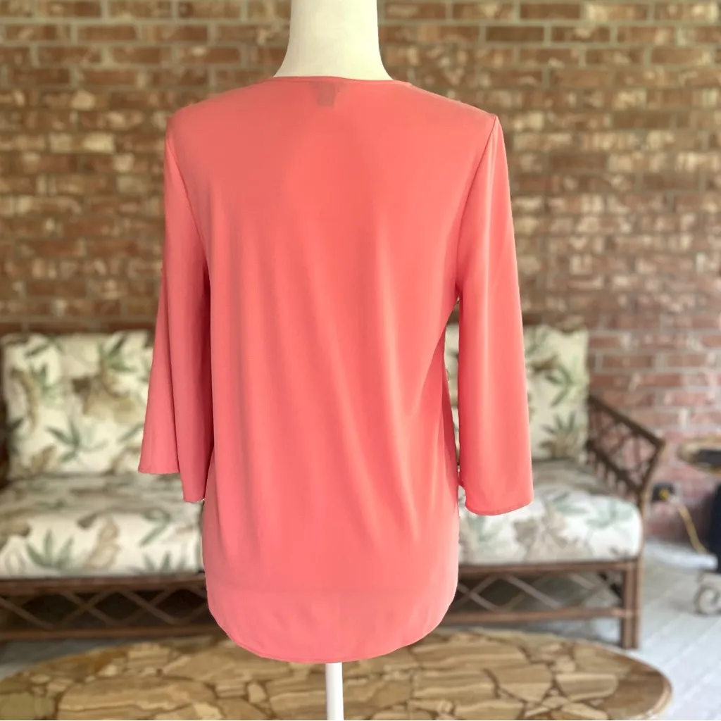 Ann Taylor Top V-Neck Crepe 3/4 Flared Sleeve Coral Peach S Casual brunch Office - Image 7