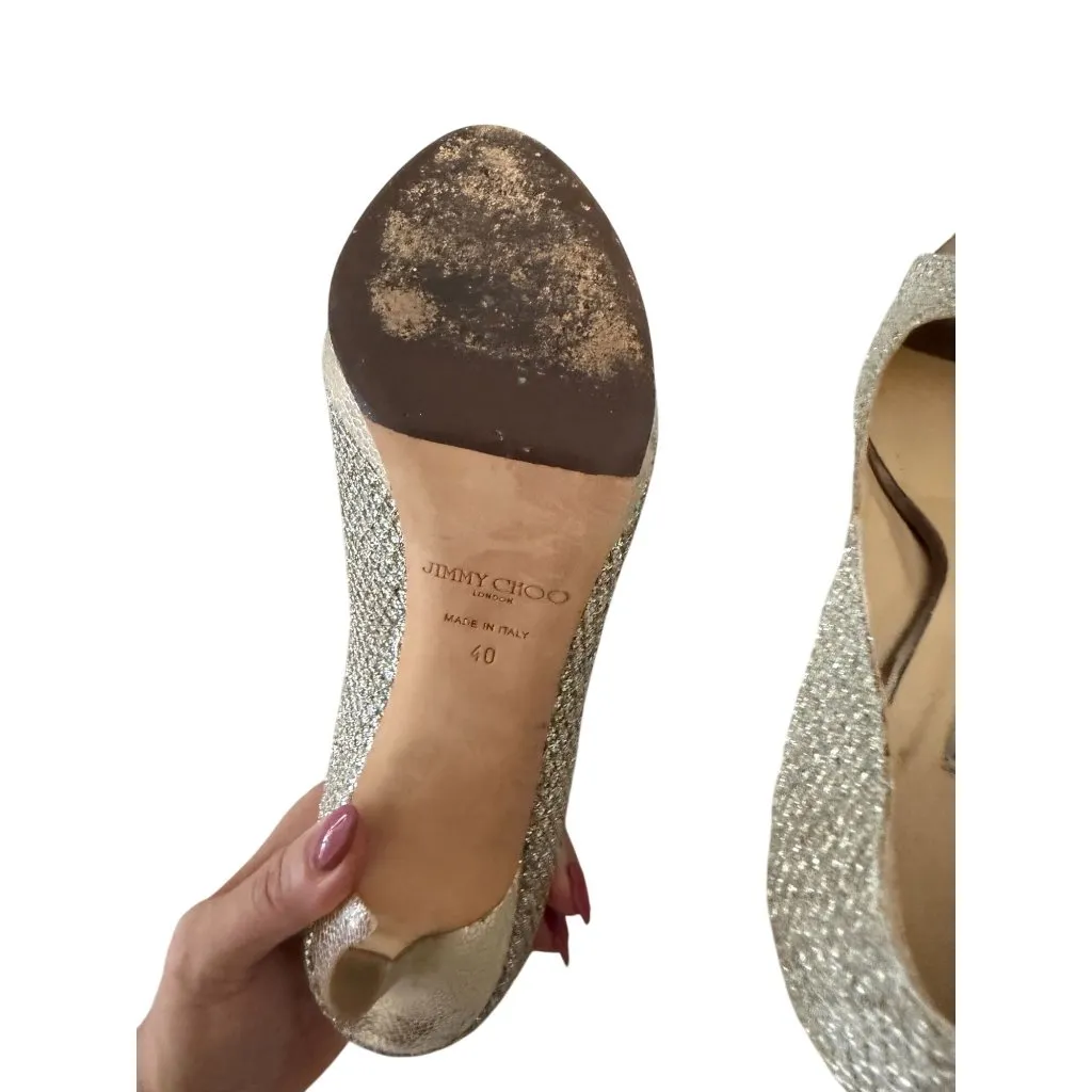 JIMMY CHOO Gold Metallic Leather Peeptoe Heels Size 40 / US 10 - Image 9