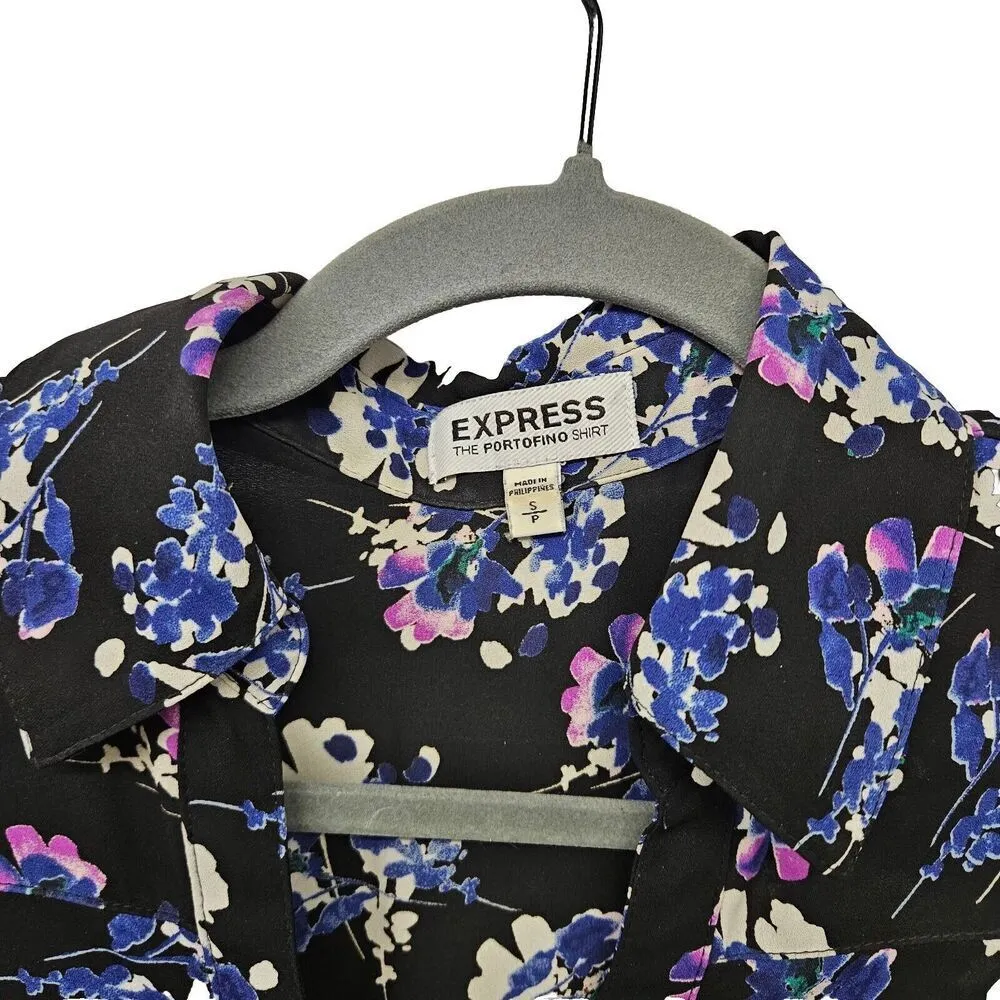 Express Portofino Floral Striped Shirt Blouse Top S Roll Tab *FLAW - Image 5