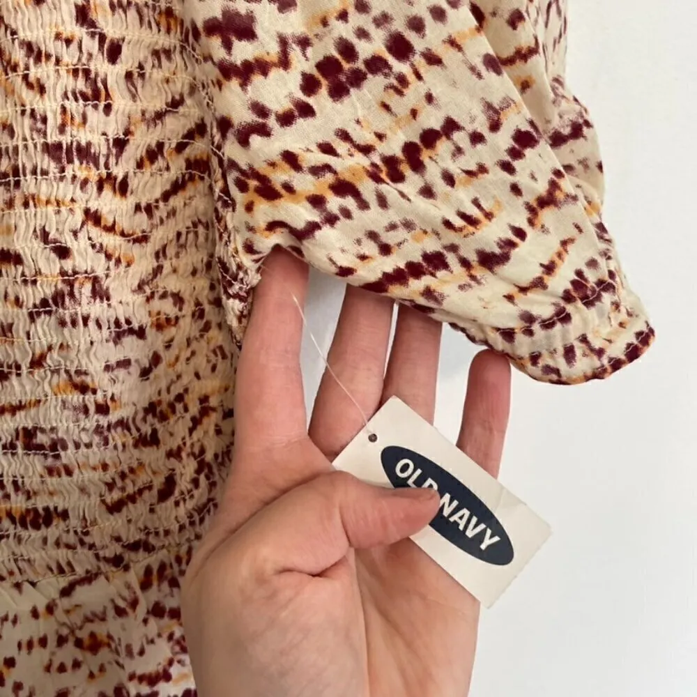 NEW NWT OLD NAVY Smocked Bodice Tie Dye Top Cream Beige Burgundy Short Sleeve M - Image 8