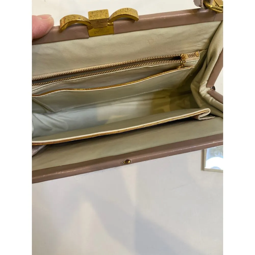 Vintage Floral Tapestry Needlepoint Purse Handbag Granny w/ Small Mirror EUC Tan - Image 4