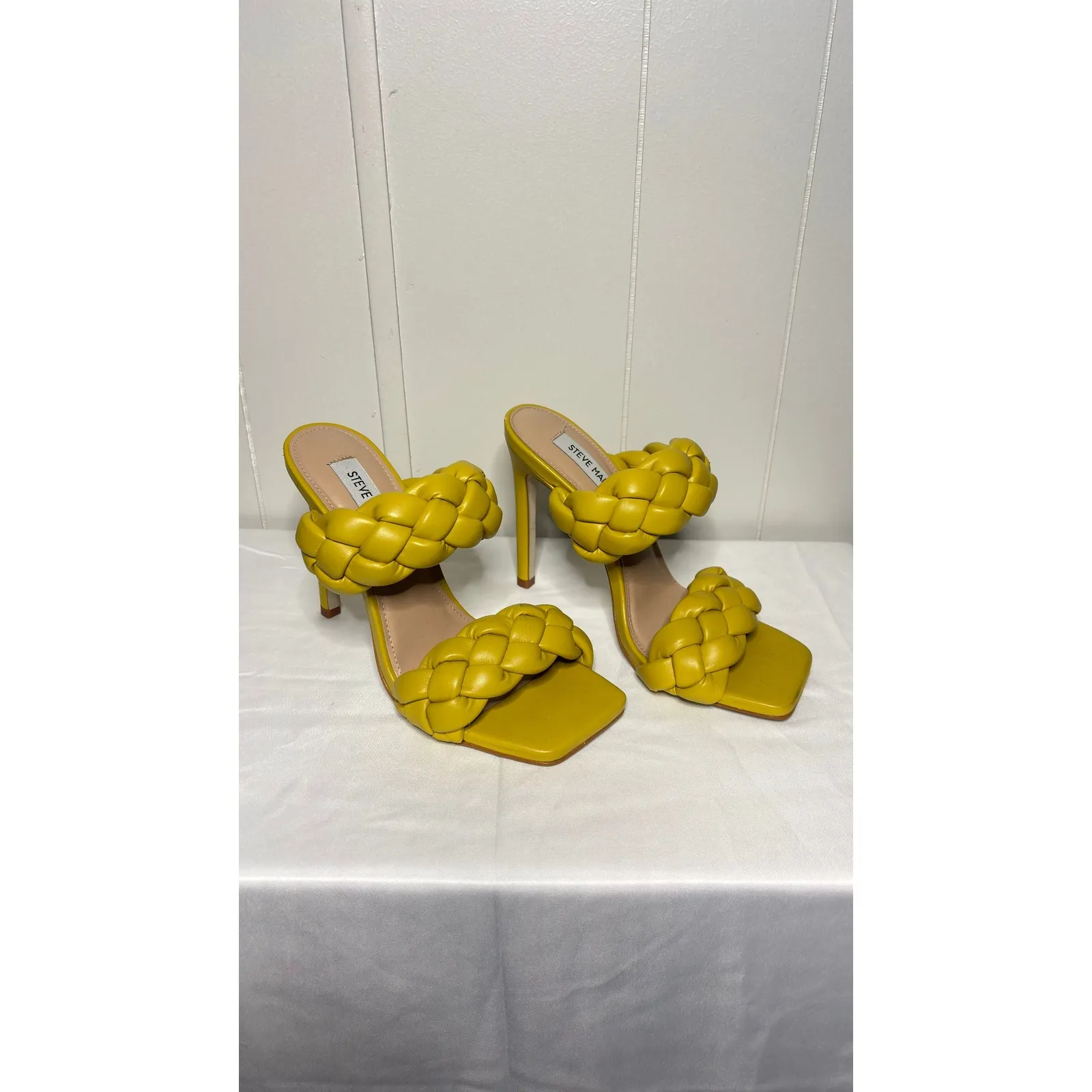 $128 Steve Madden Kenley Yellow Braided Square Toe Heels Stiletto Size 7 - Image 3