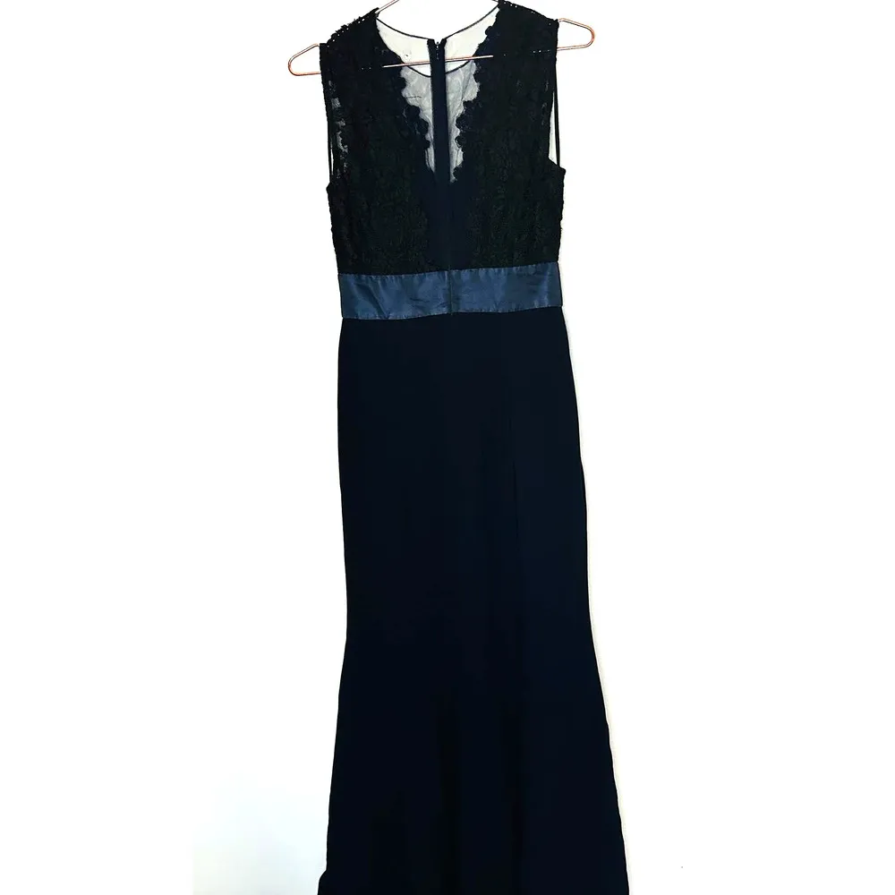 Theia Women's Blue Dramatic Lace Neck Formal Evening Deep Midnight Gown Size 4 - Image 17