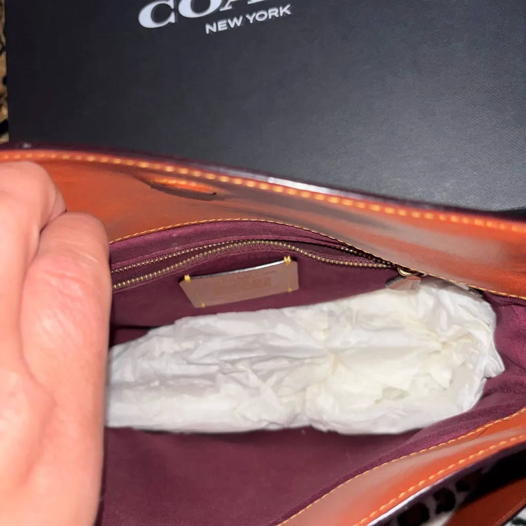 Coach Tan and Brown Shoulder Bag with Gold Chain - Image 5