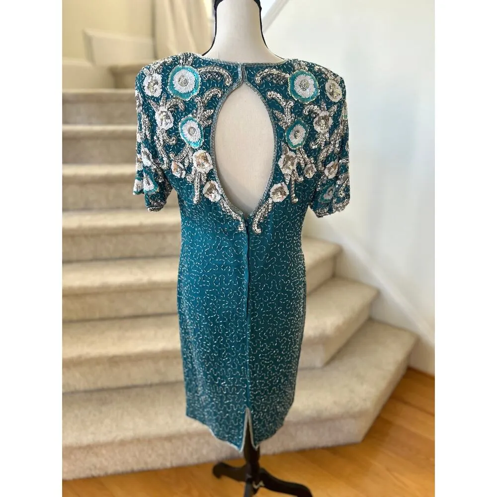 Vintage Teal Blue & Silver Beaded Floral Silk Sheath Dress Size 12 - Image 3