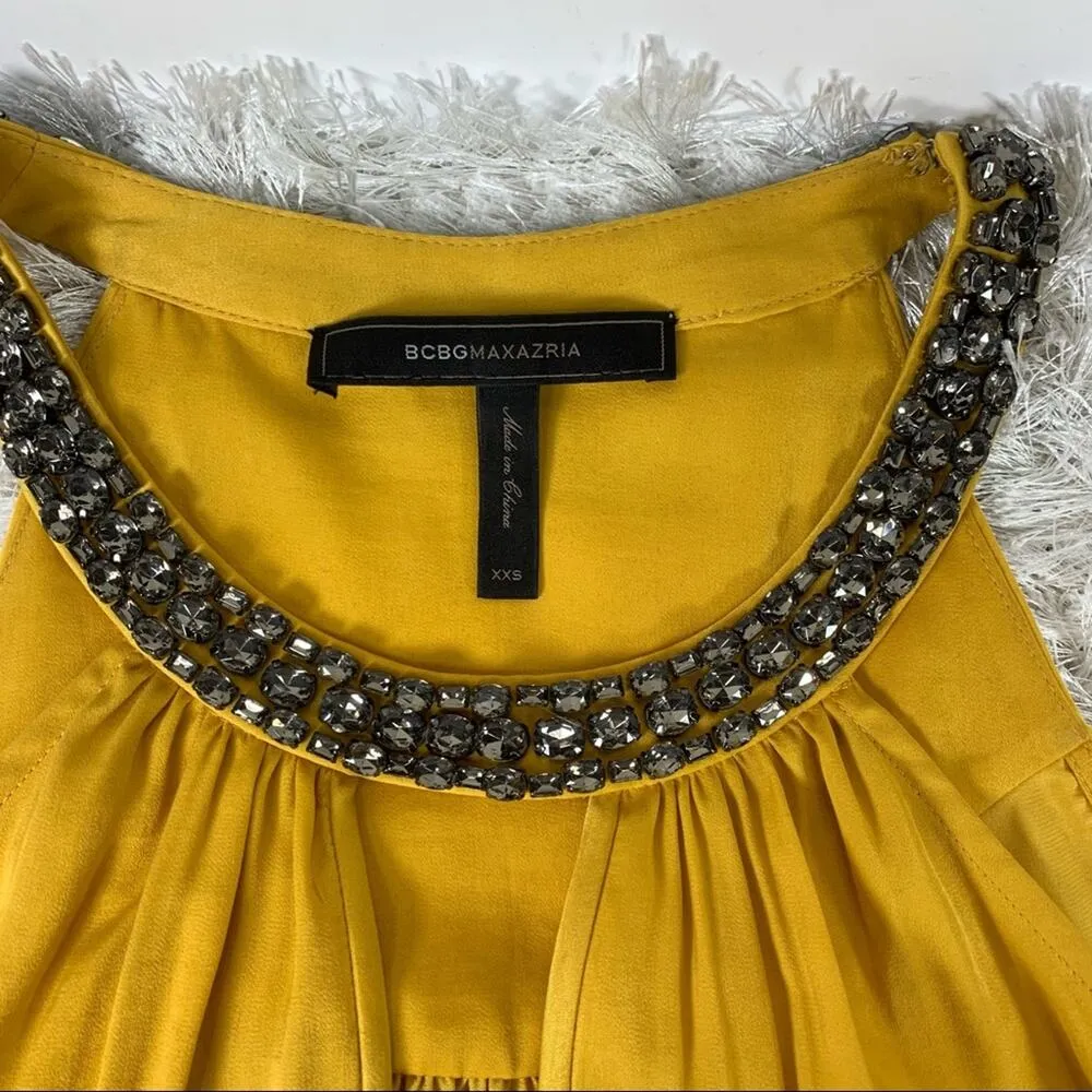 Gold Silky Rhinestone Embellished Neck Blouse XXS - Image 8