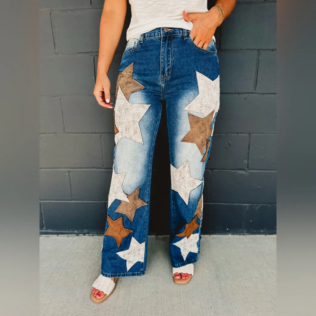 NWOT Oli & Hali Leather Star Patched Denim Jeans Size M - Image 9