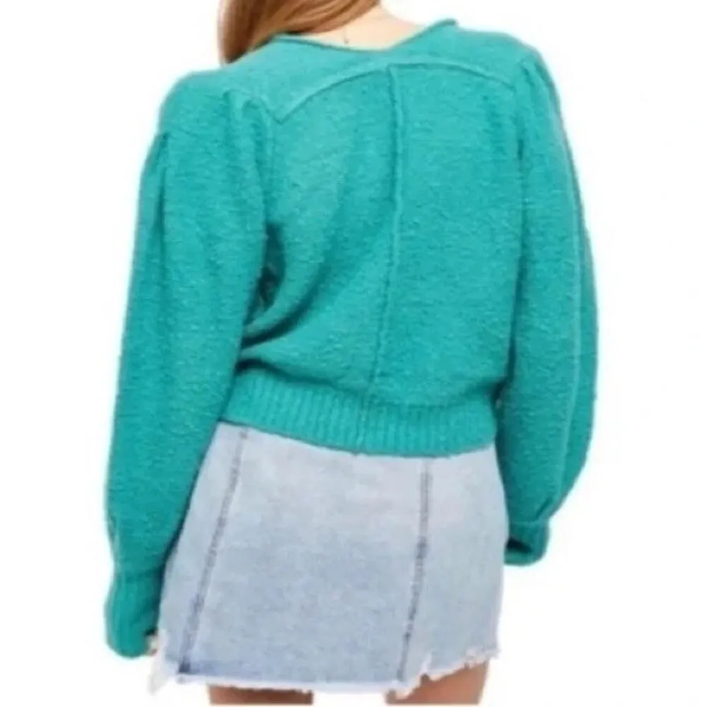 Free People Reverie Sweater Emerald Aura Green Statement Sleeves Size Small - Image 4