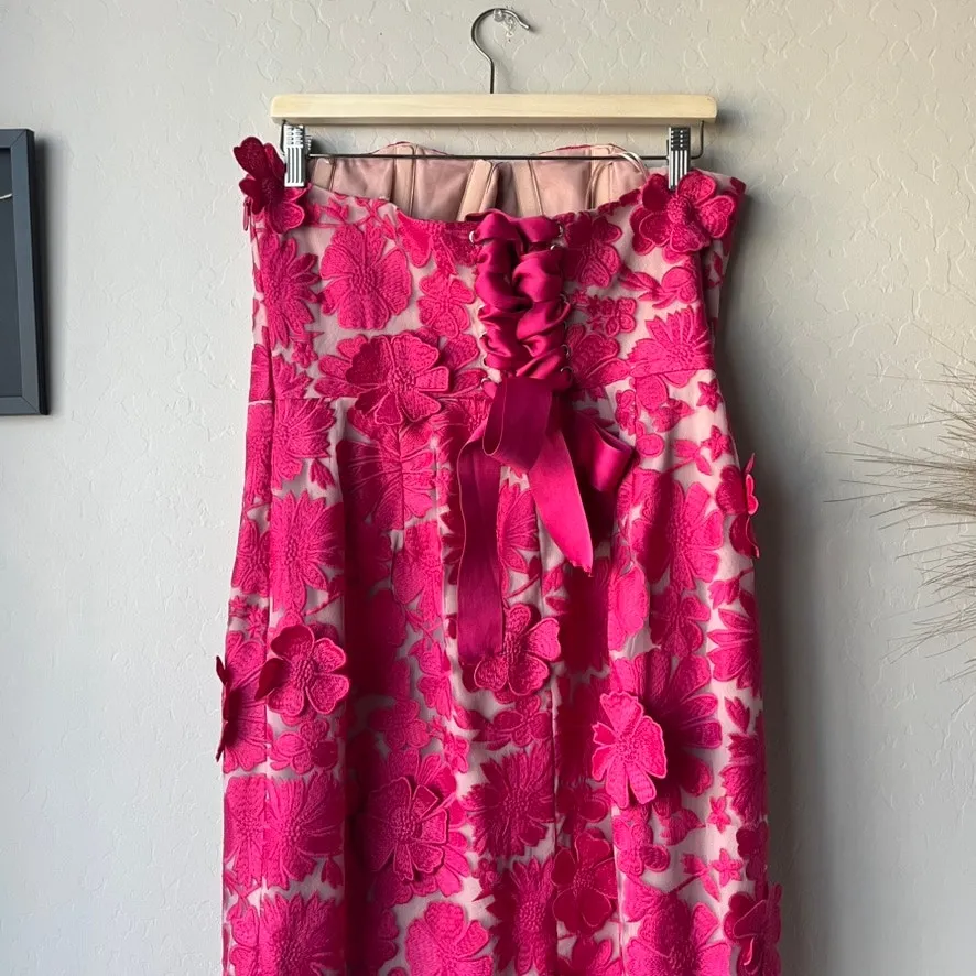 Helsi Embroidered Floral Pink Strapless Lace Up Corset‎ Back Midi Gown Size XL - Image 8