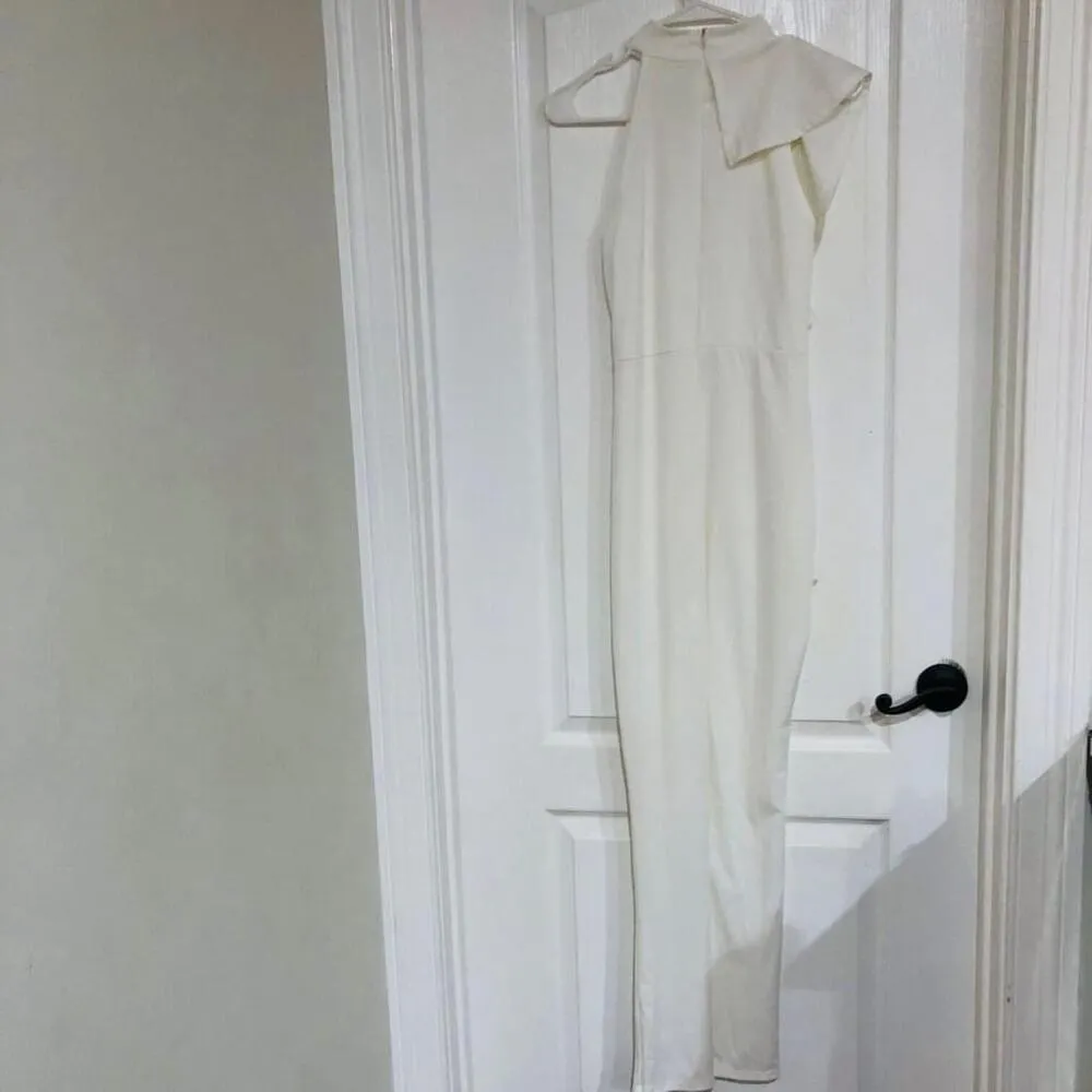 Women's One Shoulder‎ Jumpsuit Ruffle Flutter Sleeve Crew Neck White Size Medium - Image 7