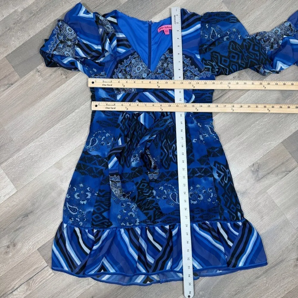 Betsey Johnson Boho Mixed Print Dress‎ Tiered Bell Sleeve Tie Back Blue 4 - Image 13