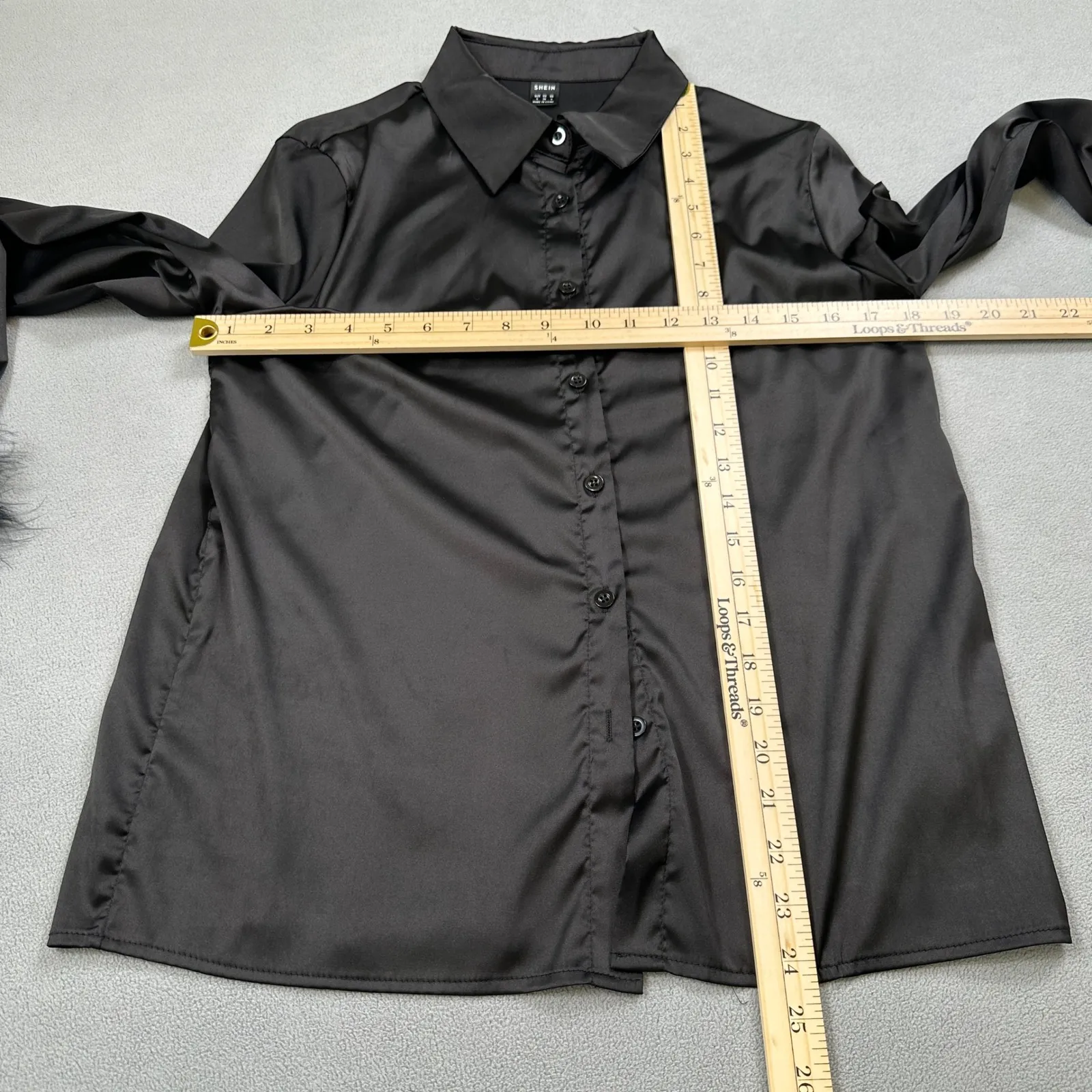 SHEIN Blouse Top Womens S Black Satin Feather Cuffs Button Down Collar Shirt - Image 3