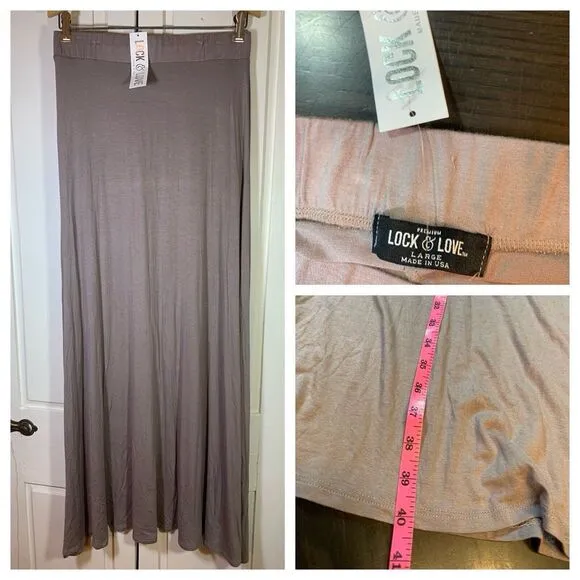 Lock & Love Neutral Long Maxi Skirt Size Large Pull On Elastic Waistband Minimal Tan - Image 2