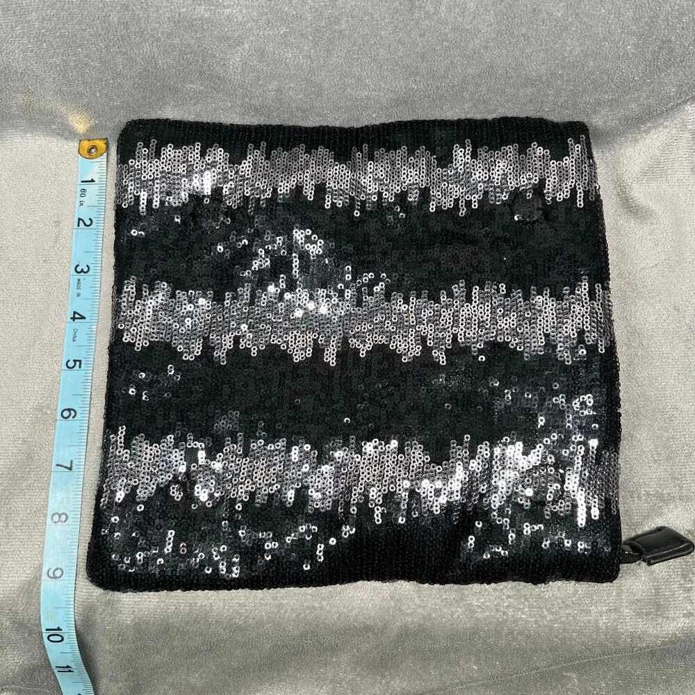 BCBGeneration Black and Silver Sequin Fold Over‎ Clutch Zippered Closure - Image 6