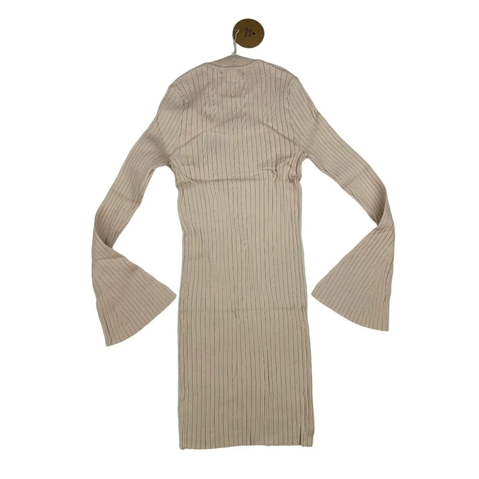 Honey Punch - Moch Neck Flare Sleeve Ribbed Mini Dress in Beige - Image 4