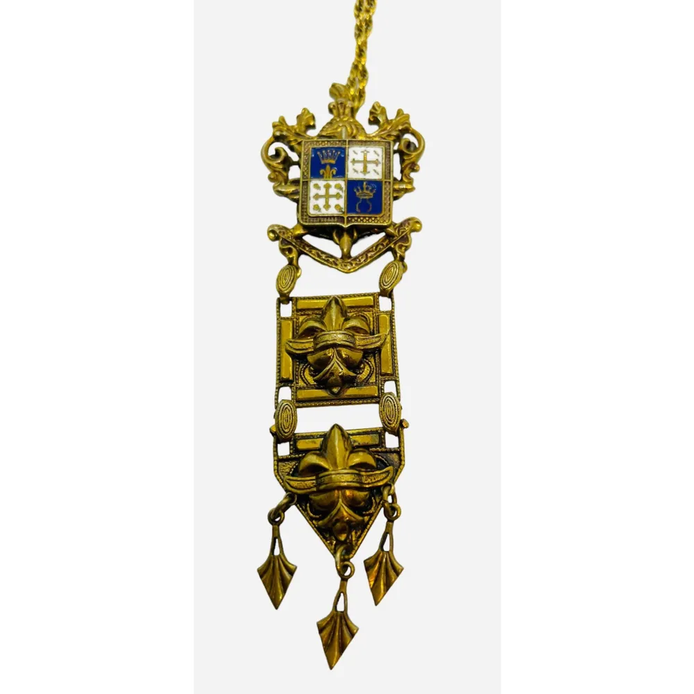 Vintage 1940s Gold Cross Enamel Fleur de Lis Enamel Crown Pendant Necklace - Image 5