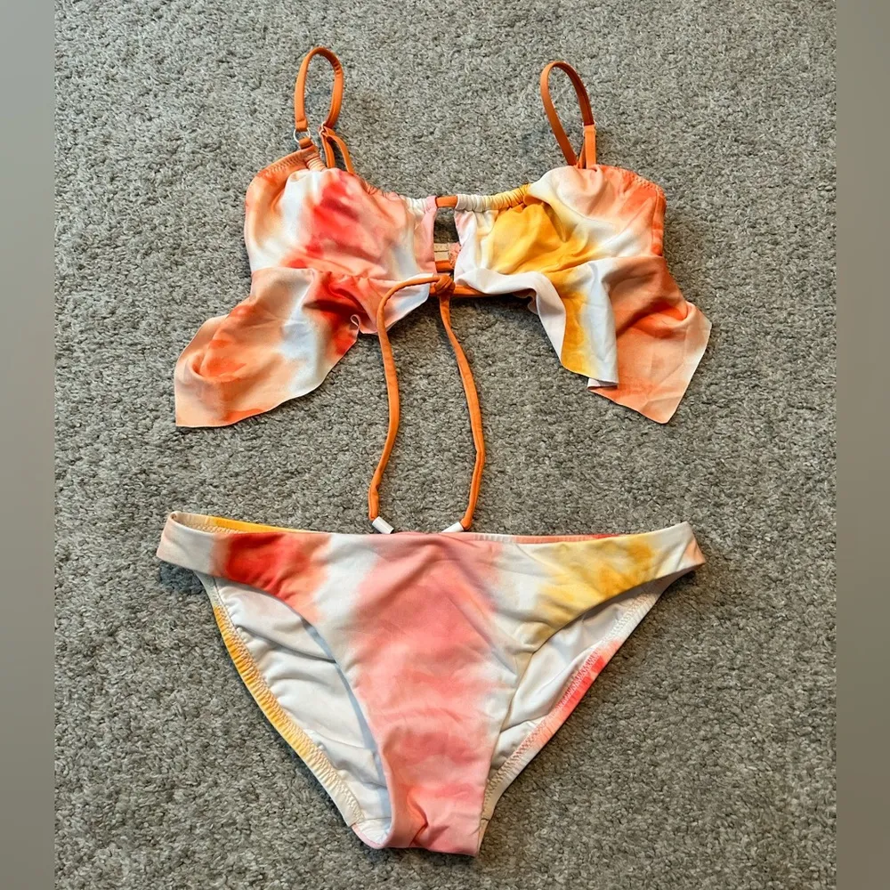 Sanctuary Anthropologie Tie Dye Ruffle Bikini Top Sz xS Sade Orange Pink bottoms - Image 2
