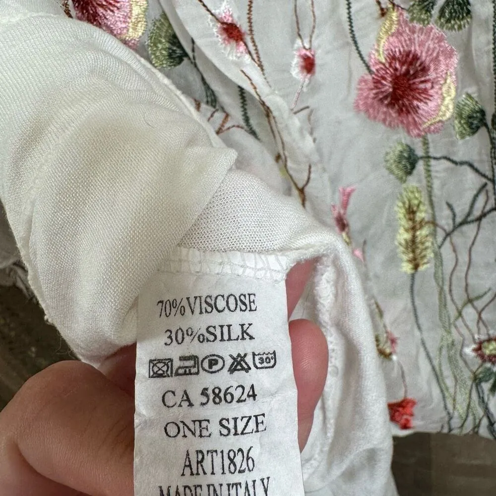 Beyond Capri White Floral Embroidered Silk Viscose Spring Blouse Large White - Image 6