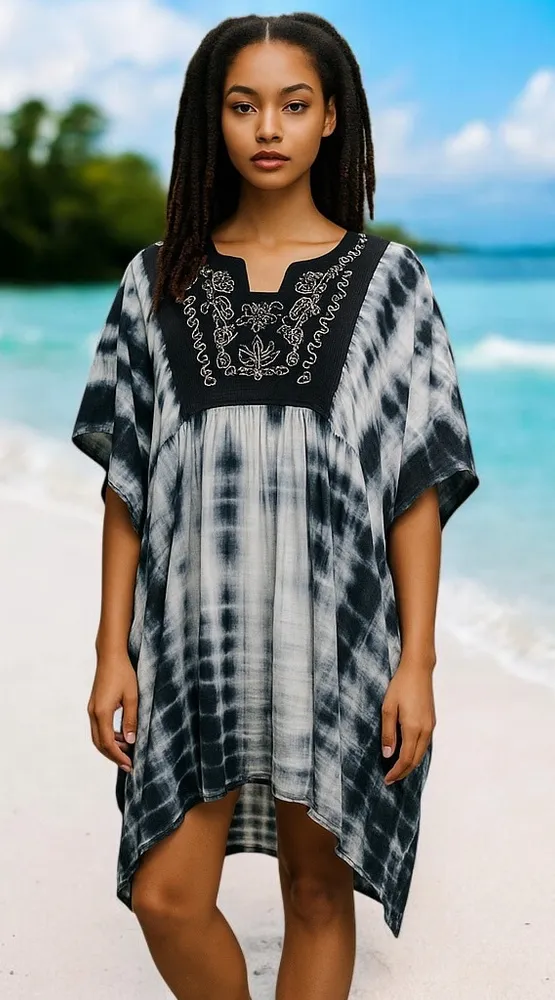 Tie Dye Beach Coverup Black & White OS (M/L) Blouse Caftan/Kaftan Poncho style Size M - Image 2