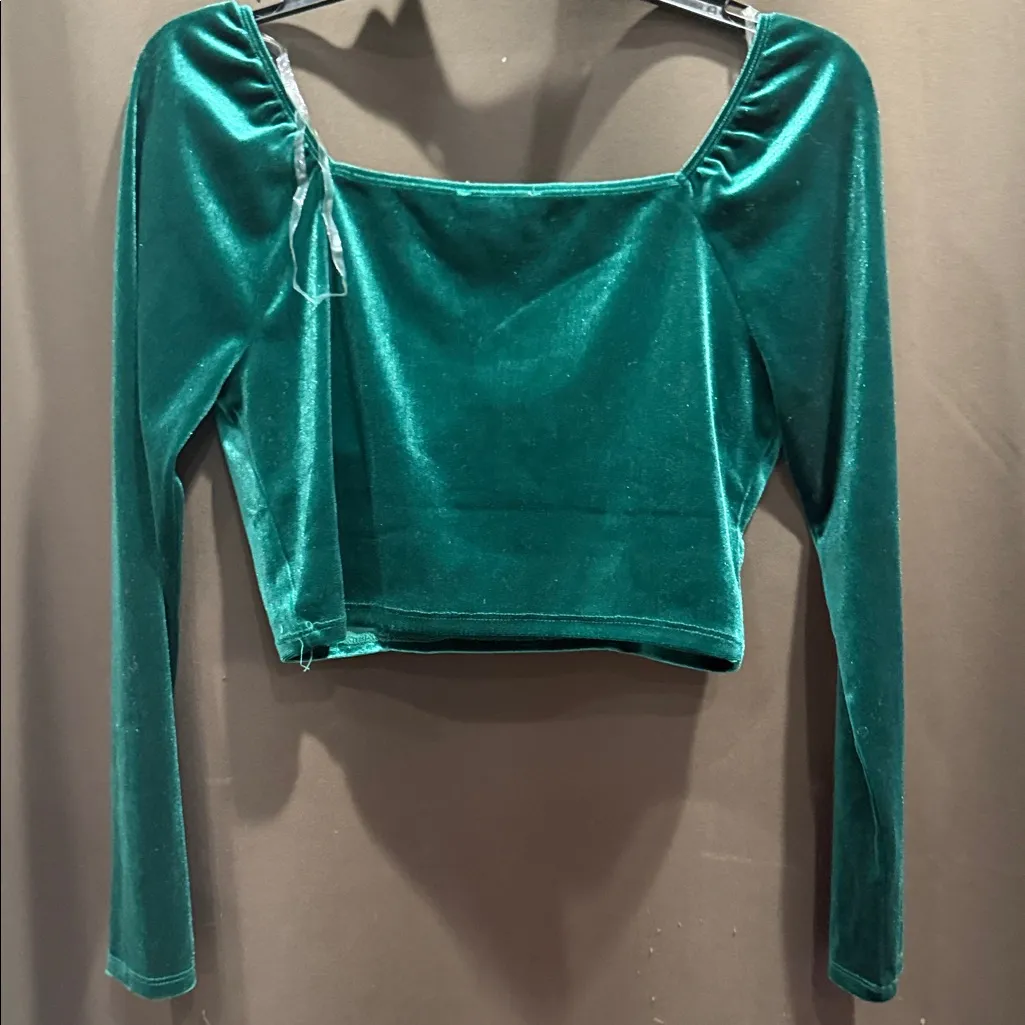 Lily Star Green Velvet Long Sleeve, Lined, Crop Top Size Medium - Image 3