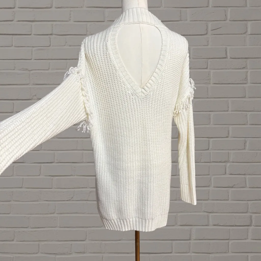 American Rag Cie White Cable Knit Sweater Dress S Fringe Sleeves Open Back - Image 3
