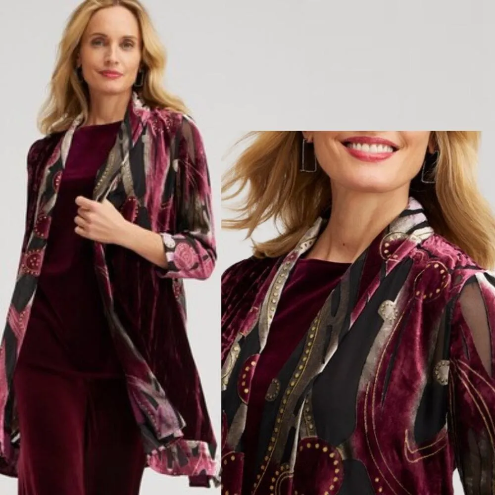 NEW Chico’s Travelers Collection Velvet Burnout Kimono Black Wine Size XS 0 - Image 3