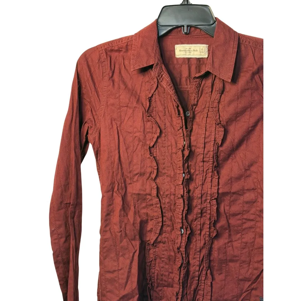 Abercrombie & Fitch Women's Red Long Sleeve Ruffle Button-Up Shirt Casual Sz XS - Image 3