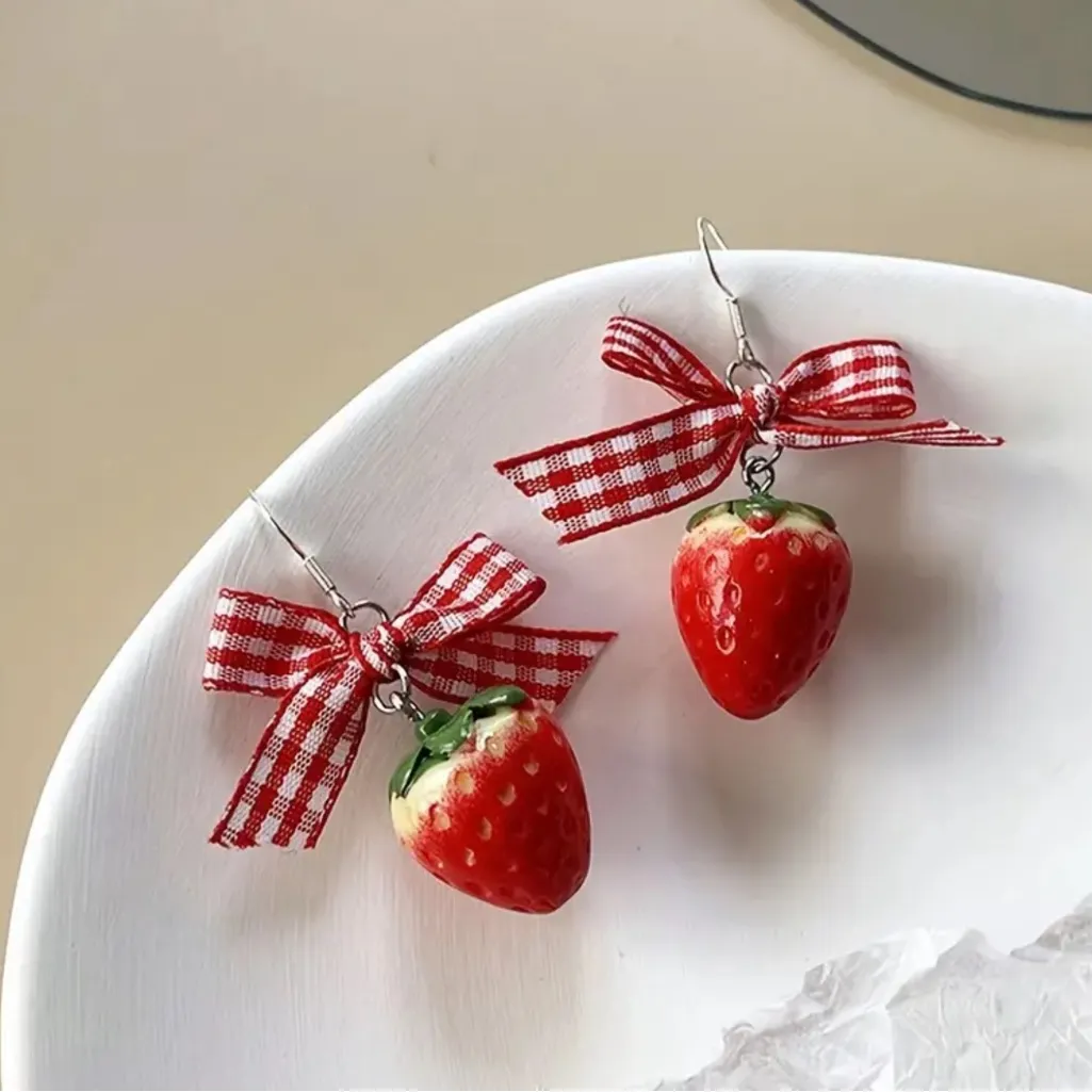 Strawberry Earrings with Red Gingham Bows - Image 5