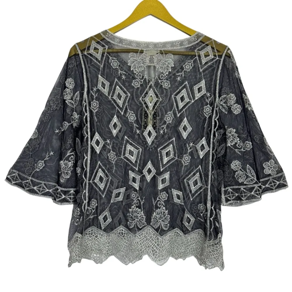 Ultra Pink Mesh Embroidered Tunic Top Size M Gray Silver Fairy Grunge Whimsigoth - Image 2