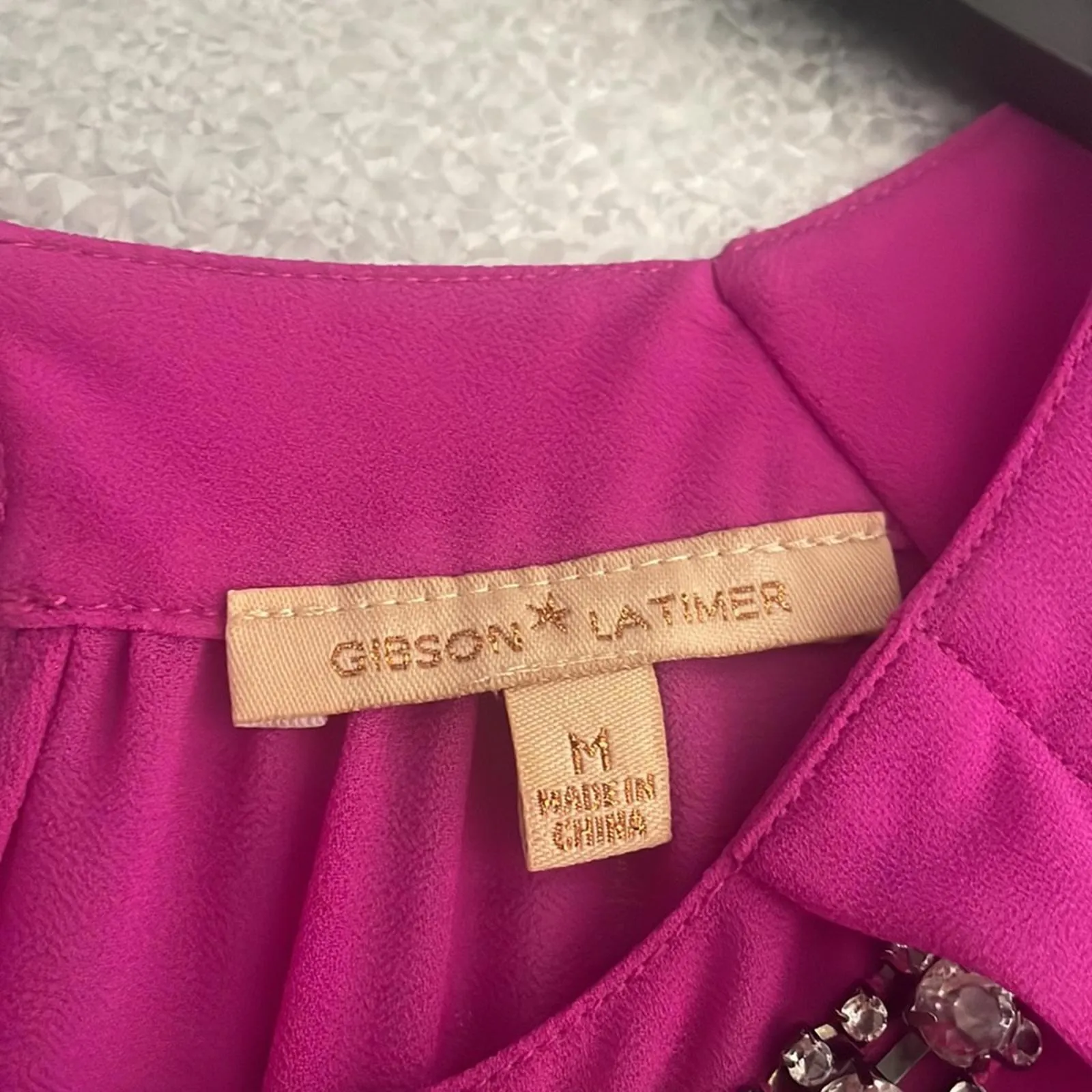 Gibson Latimer Magenta Pink Jewel Neckline Sheer Blouse Work Career - Image 7