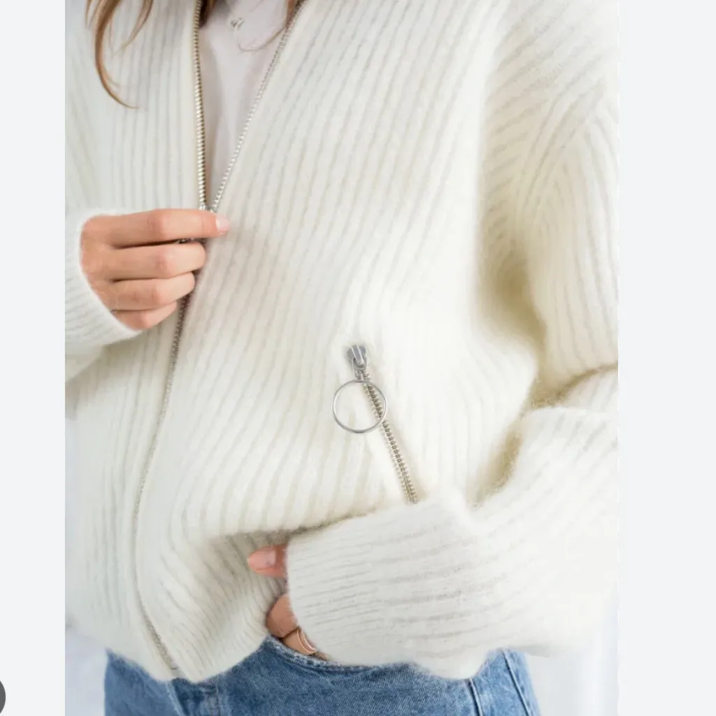 & OTHER STORIES Wool & Mohair Blend Knit Bomber Cardigan in Cream- Size L Large - Image 2