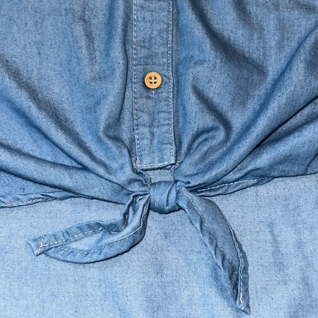 Main Strip Front Tie Ruffle Sleeve Button Down Faux Denim Top - Image 4