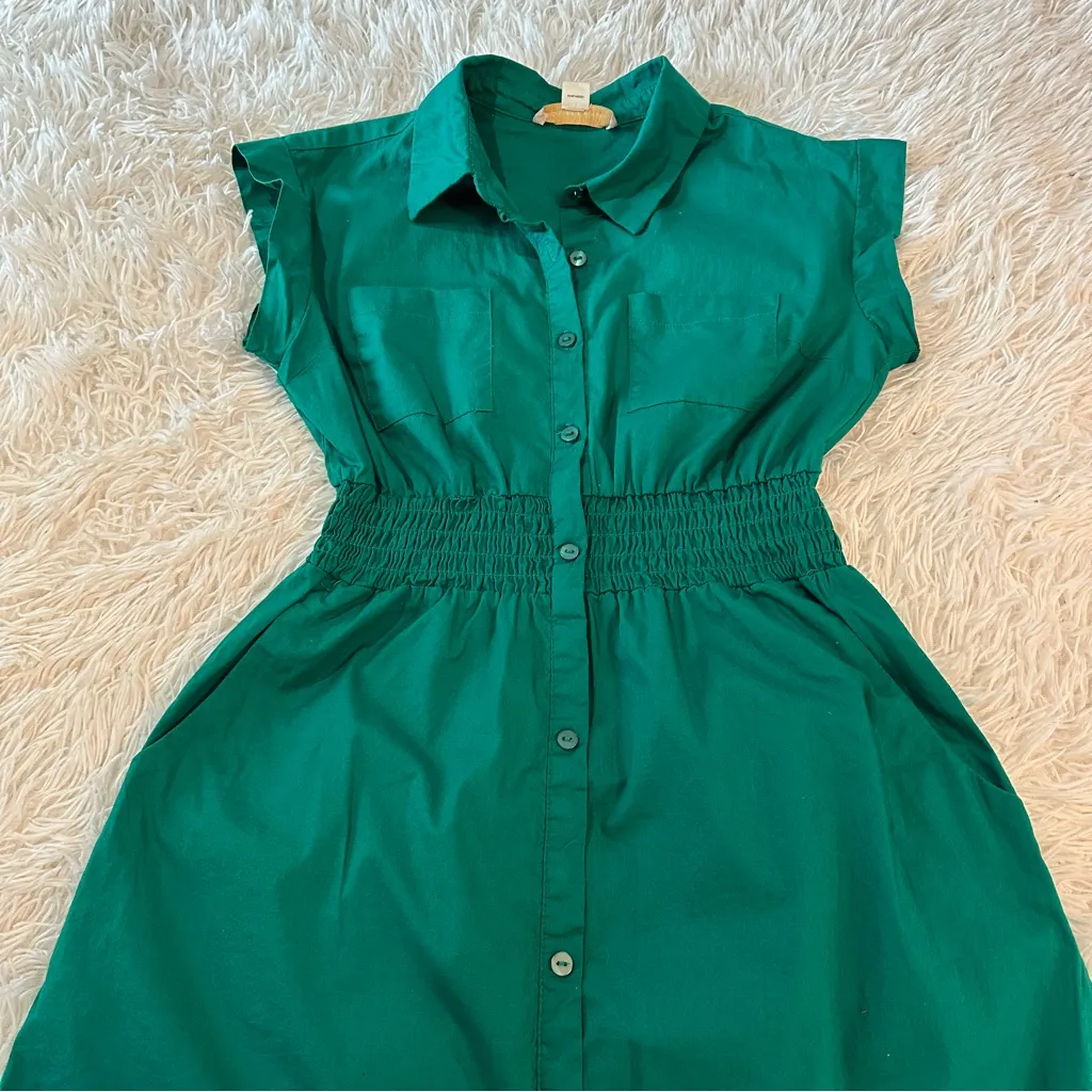 Monteau Los Angeles Emerald Green Button Front Shirtdress – Cinched Waist Medium - Image 15