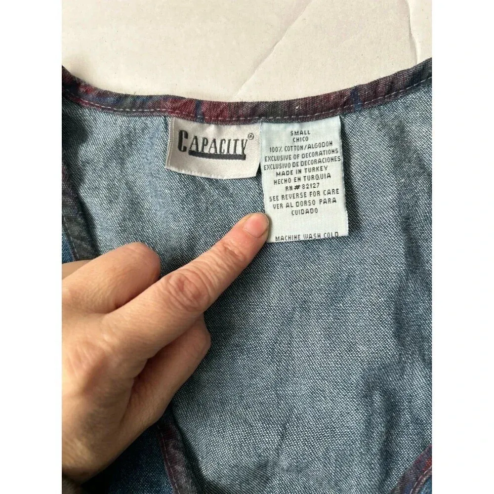 Vintage Capacity Women's Vest Denim Blue Plaid detail S - Image 3