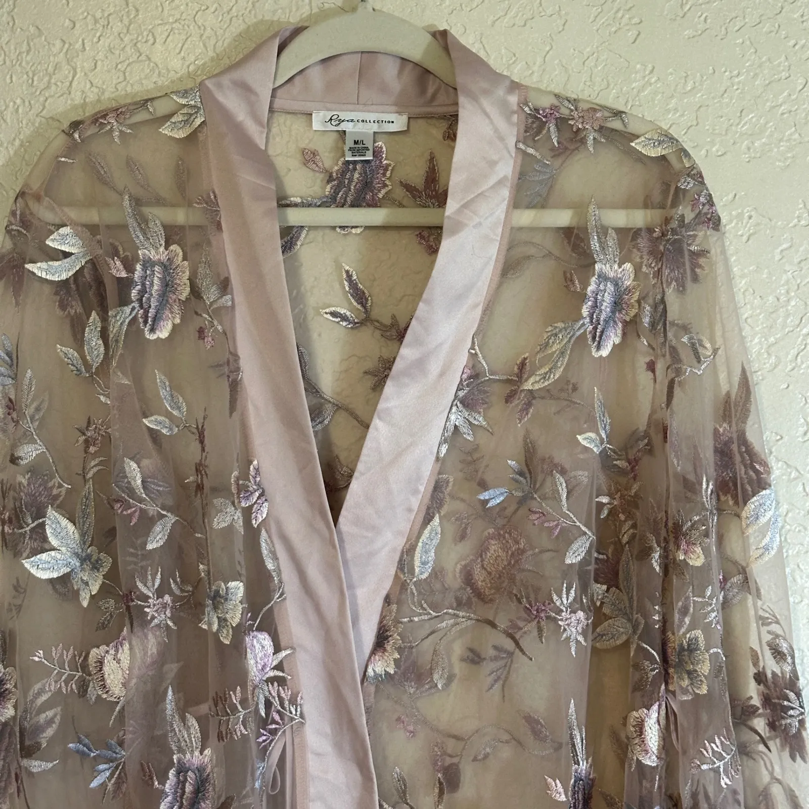 Rya Collection Sepia Rose Embroidered Mesh Kimono Robe Cover Up M L Tan Size L - Image 11