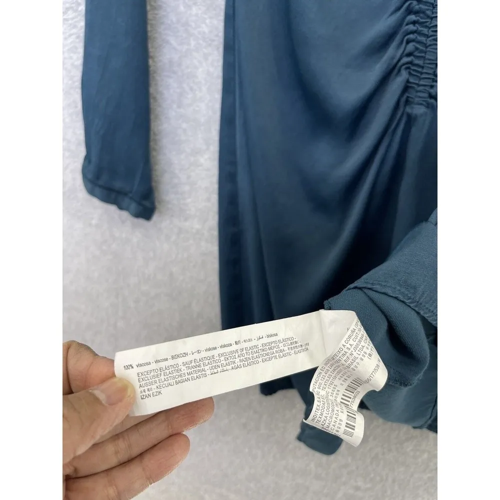 ZARA Women's Dress Solid Teal Long Sleeve V Neck Size Medium Ruched Front - Image 6